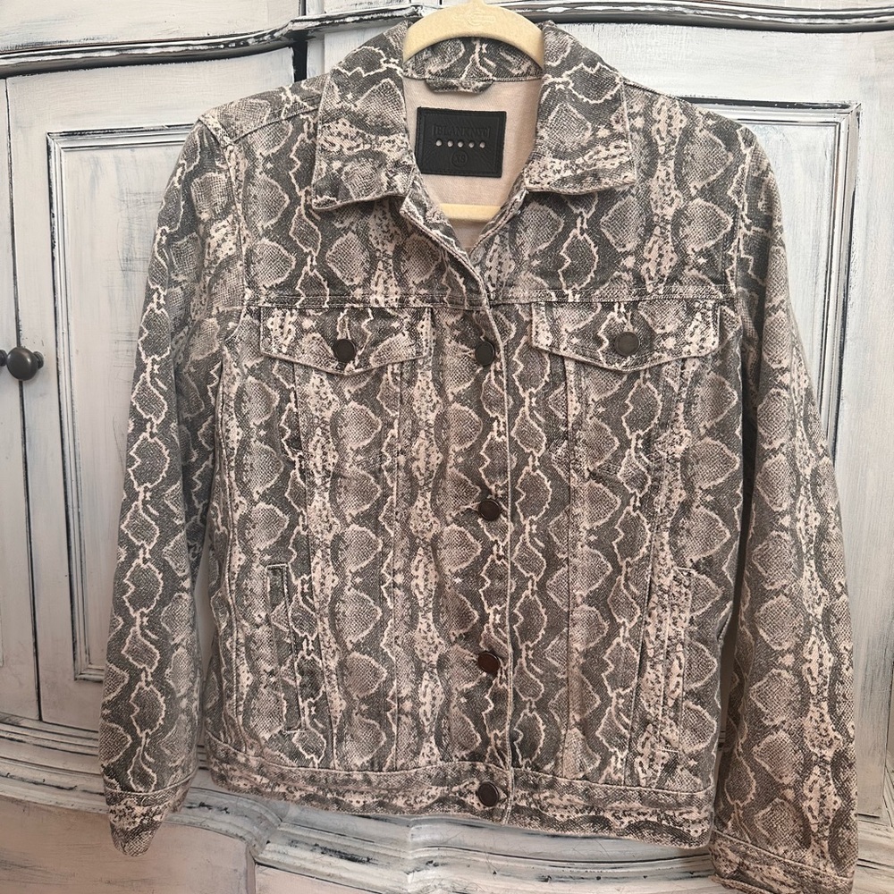 Blank NYC Snake Along Python Denim Trucker Jacket XS Gray Cream Pockets Cotton